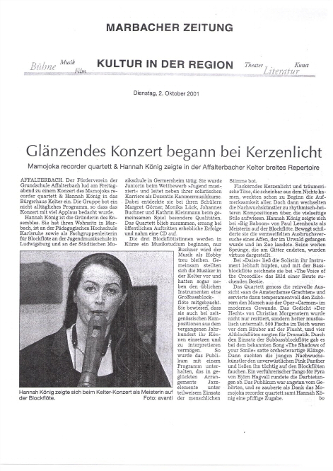 Marbacher Zeitung über Hannah Beate König, Blockflöte